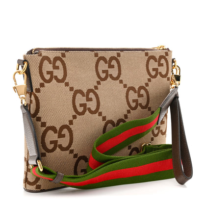 Gucci Monogram Jumbo GG Textured Dollar Calfskin Web Wristlet Messenger Bag Camel Ebony New Acero Camel Ebony New Acero 3 of 9
