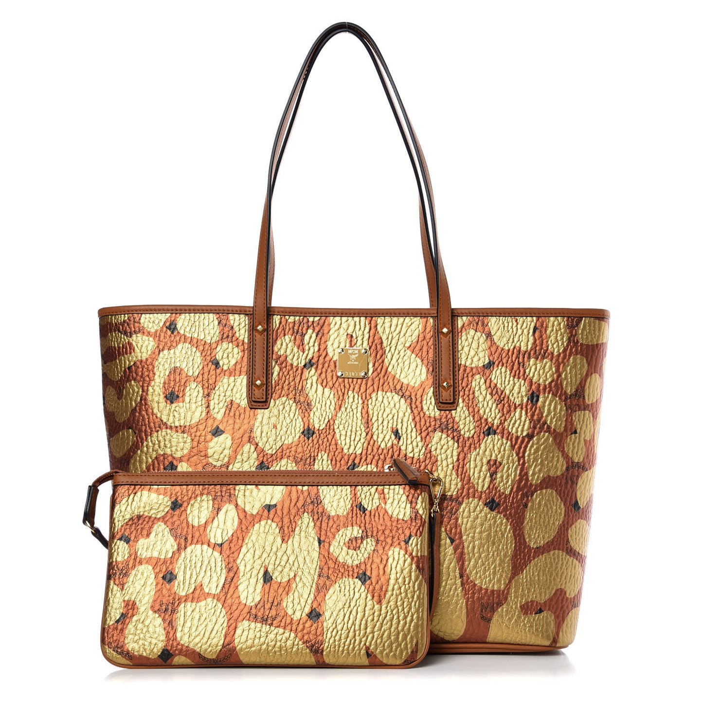 Visetos Metallic Leopard Print Medium Anya Shopper Tote Cognac