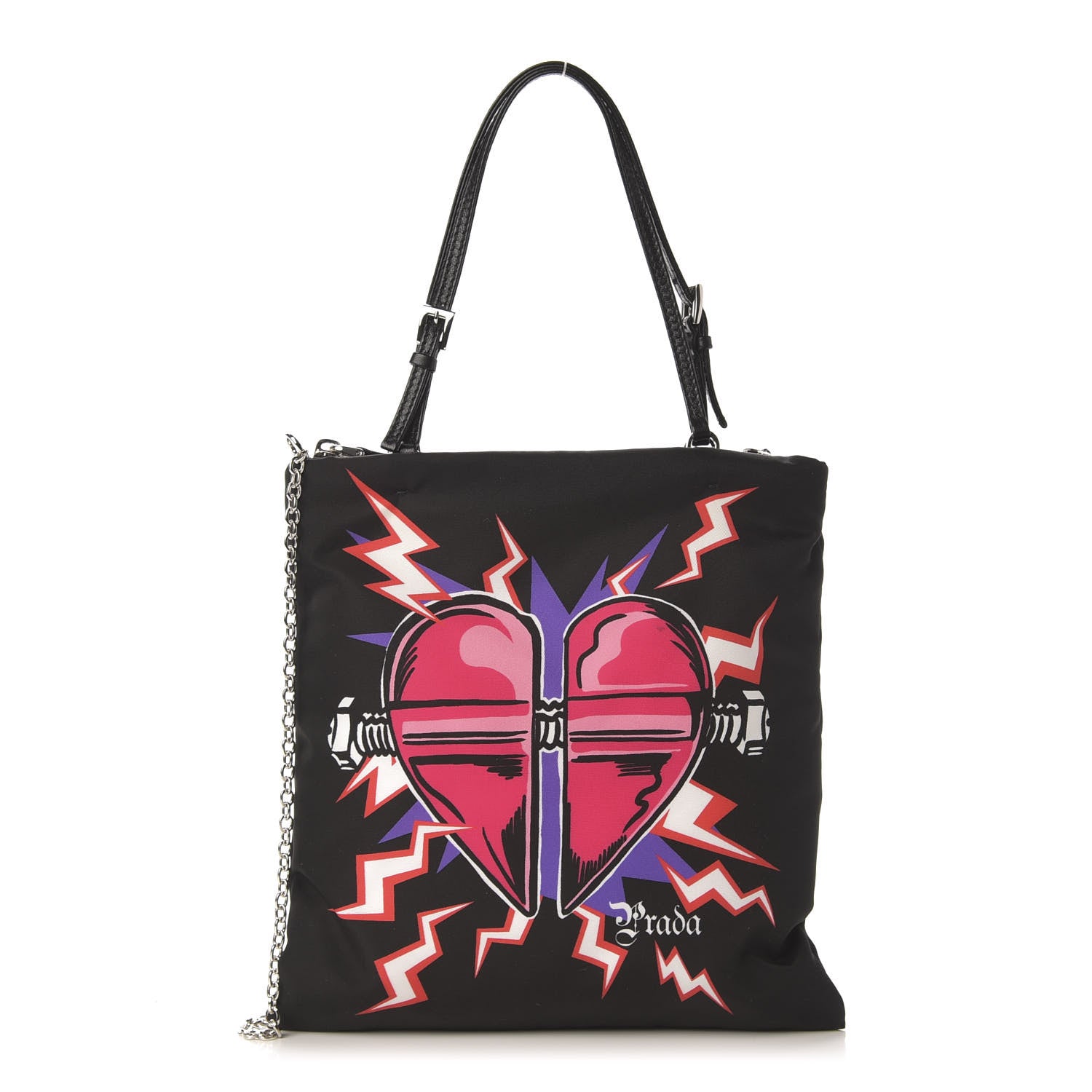 Prada X UNIVERSAL STUDIOS Tessuto Nylon Soft Calfskin Frankenstein Heart Chain Shopping Tote Black 1 of 12