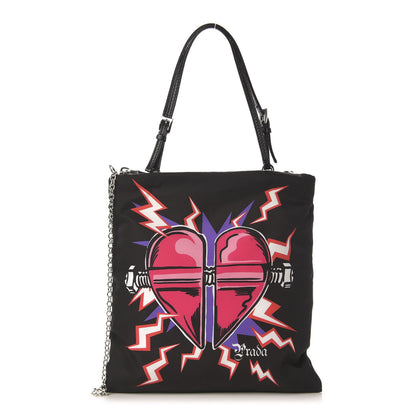 Prada X UNIVERSAL STUDIOS Tessuto Nylon Soft Calfskin Frankenstein Heart Chain Shopping Tote Black 1 of 12