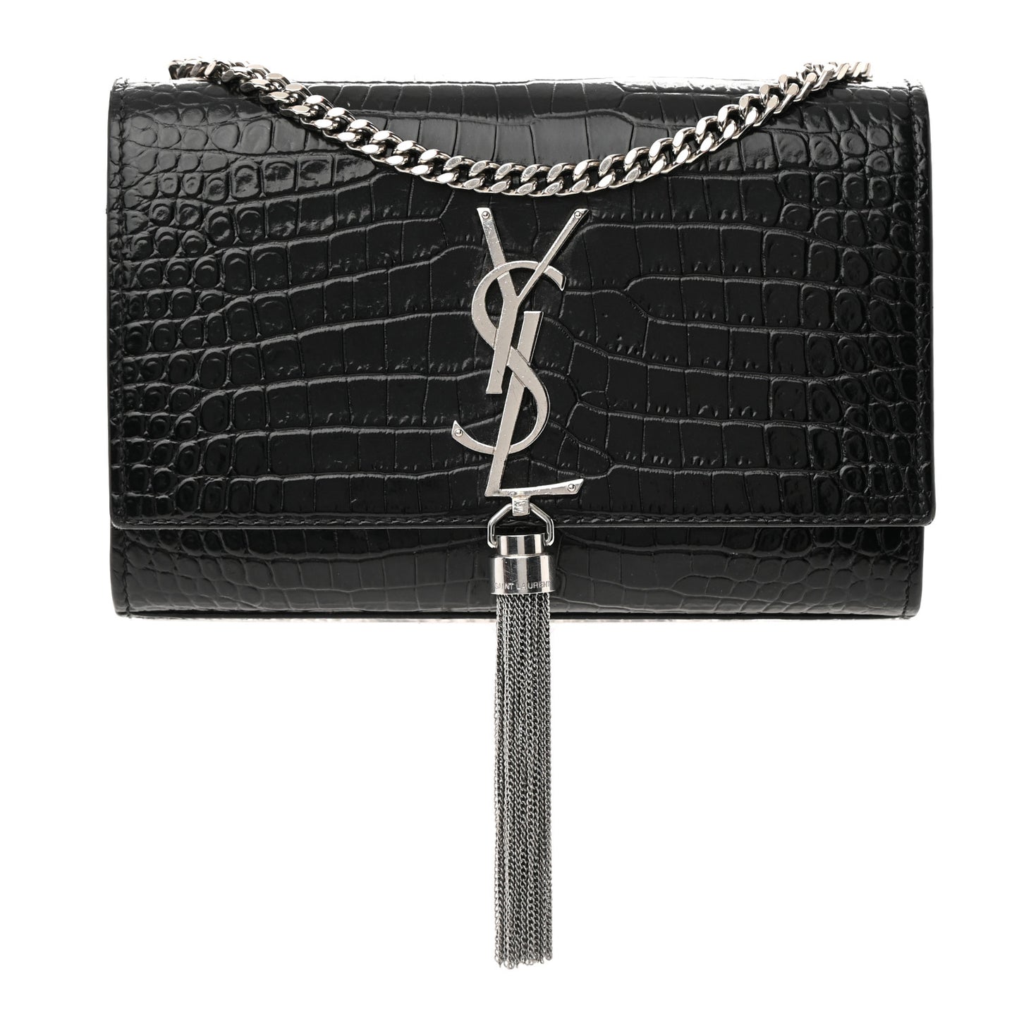 Calfskin Crocodile Embossed Small Classic Monogram Kate Tassel Satchel Black