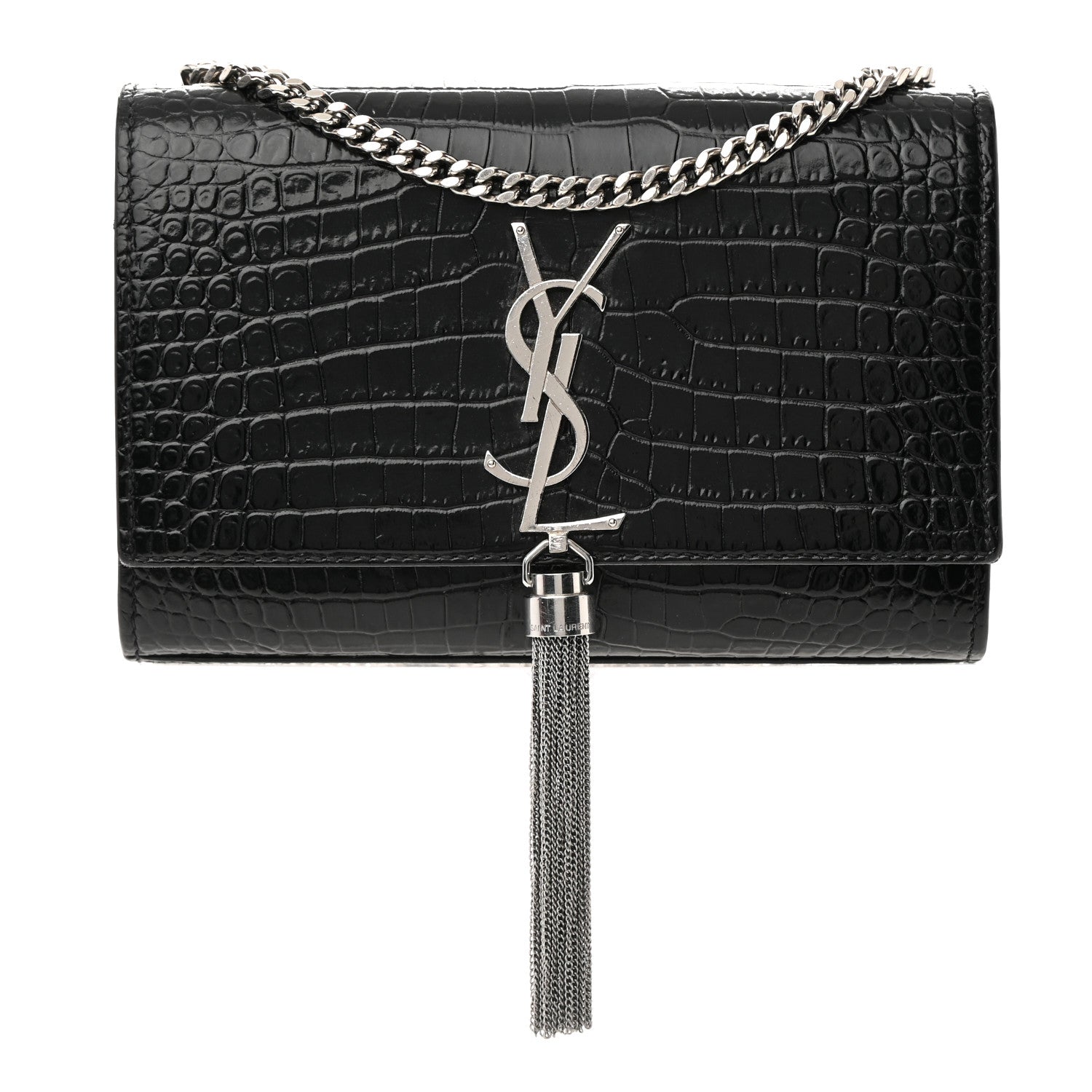 Saint Laurent Calfskin Crocodile Embossed Small Classic Monogram Kate Tassel Satchel Black 1 of 16