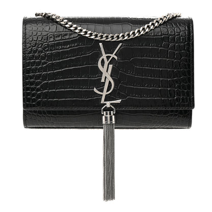 Saint Laurent Calfskin Crocodile Embossed Small Classic Monogram Kate Tassel Satchel Black 1 of 16
