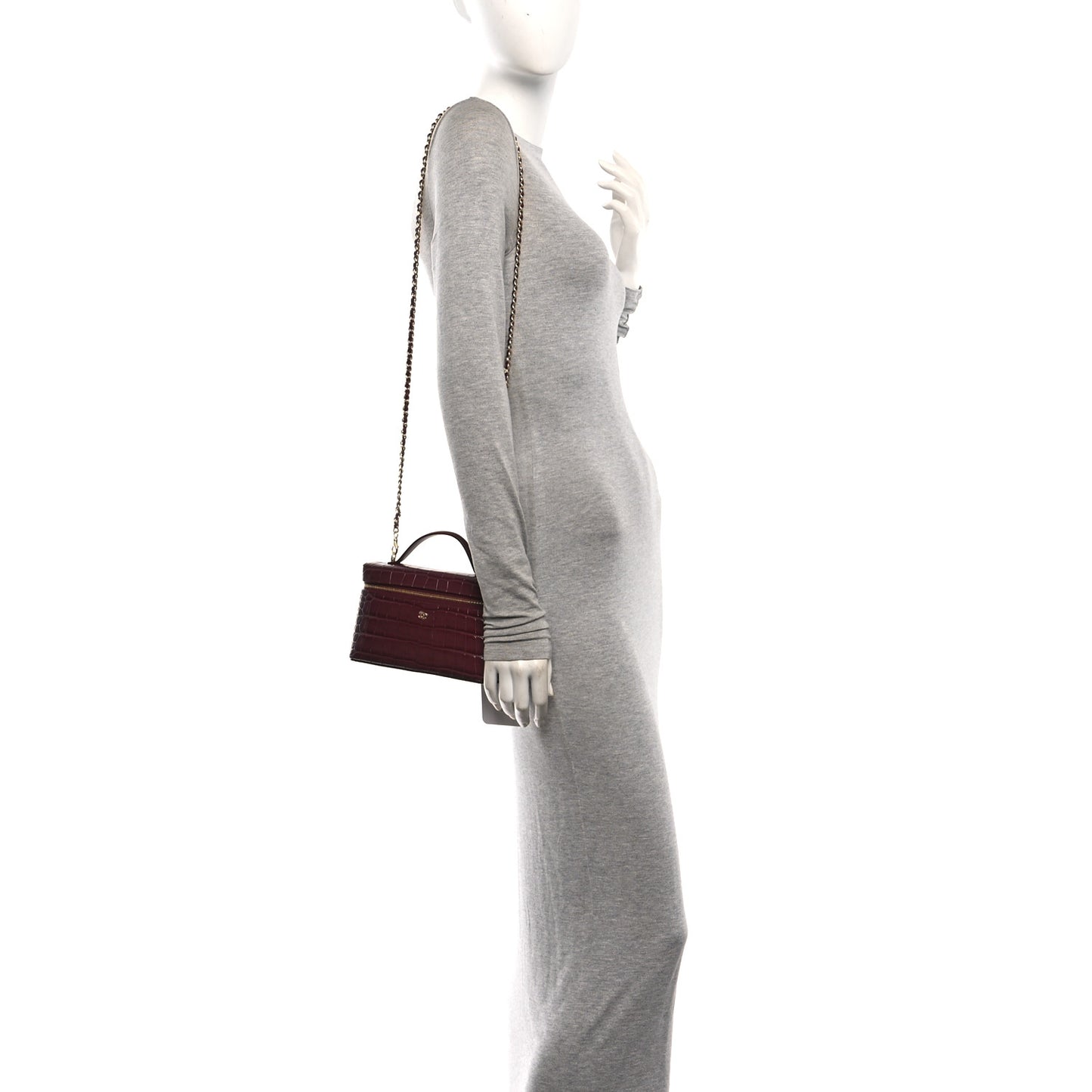 Calfskin Crocodile Embossed Crococo Top Handle Slim Vanity Case With Chain Dark Burgundy