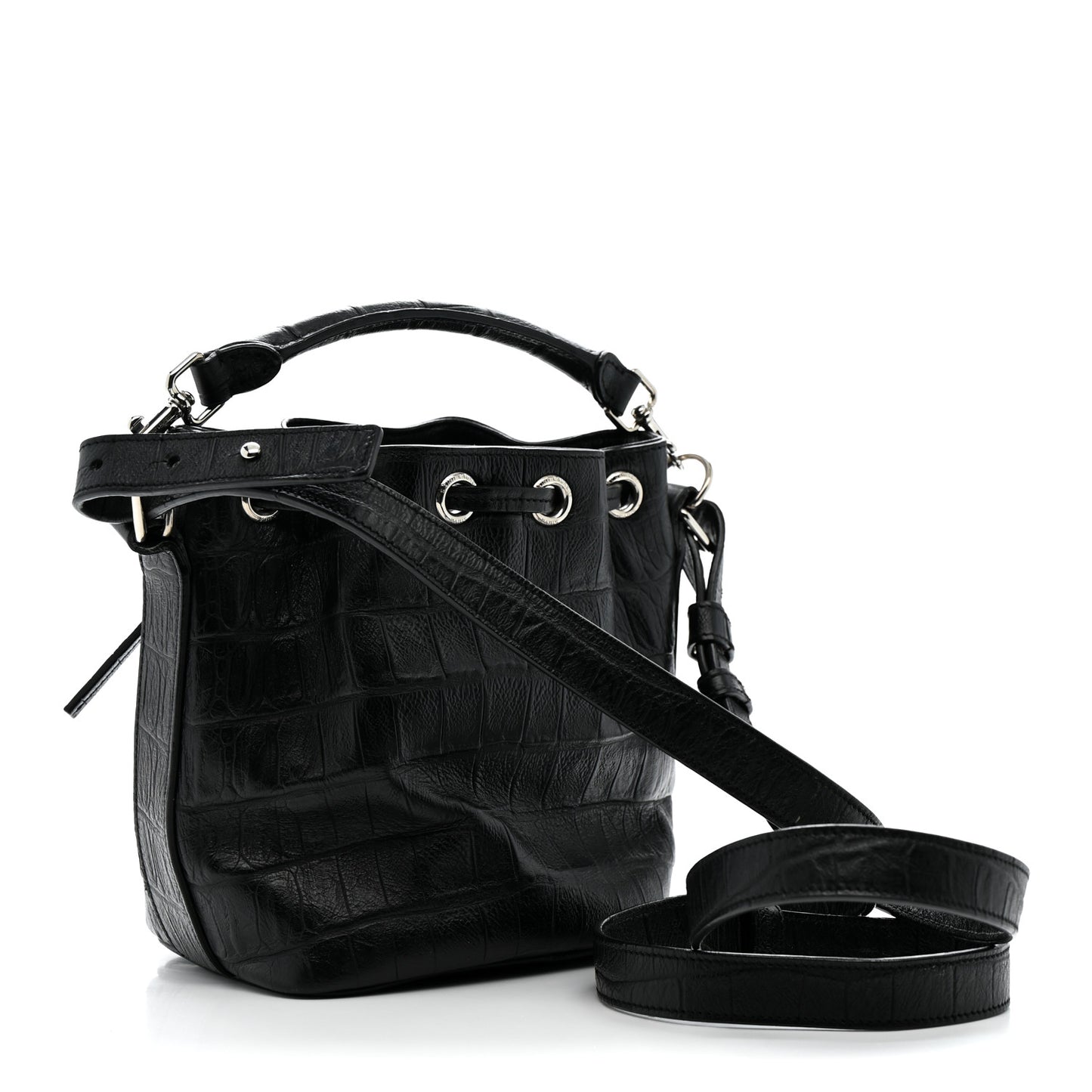Calfskin Crocodile Embossed Small Emmanuelle Bucket Bag Black
