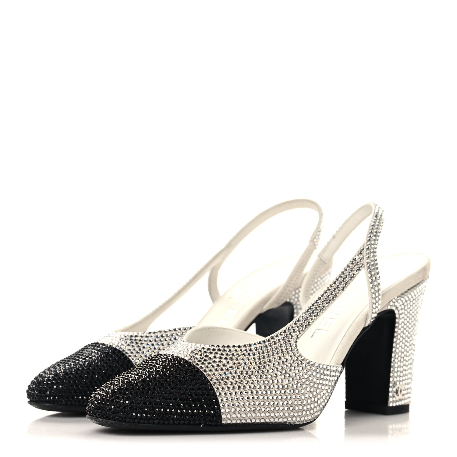 Chanel Strass Grosgrain Cap Toe CC Slingback Pumps 36.5 Silver Black 4 of 9