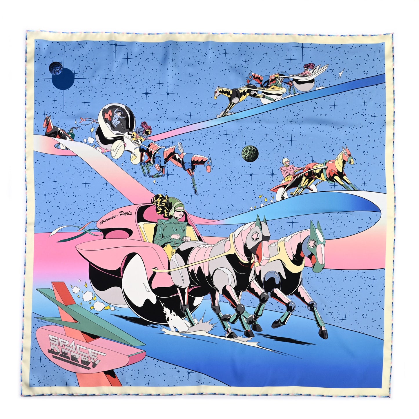 Silk Space Derby Scarf 90 Bleu Ciel Rose Vert Amande