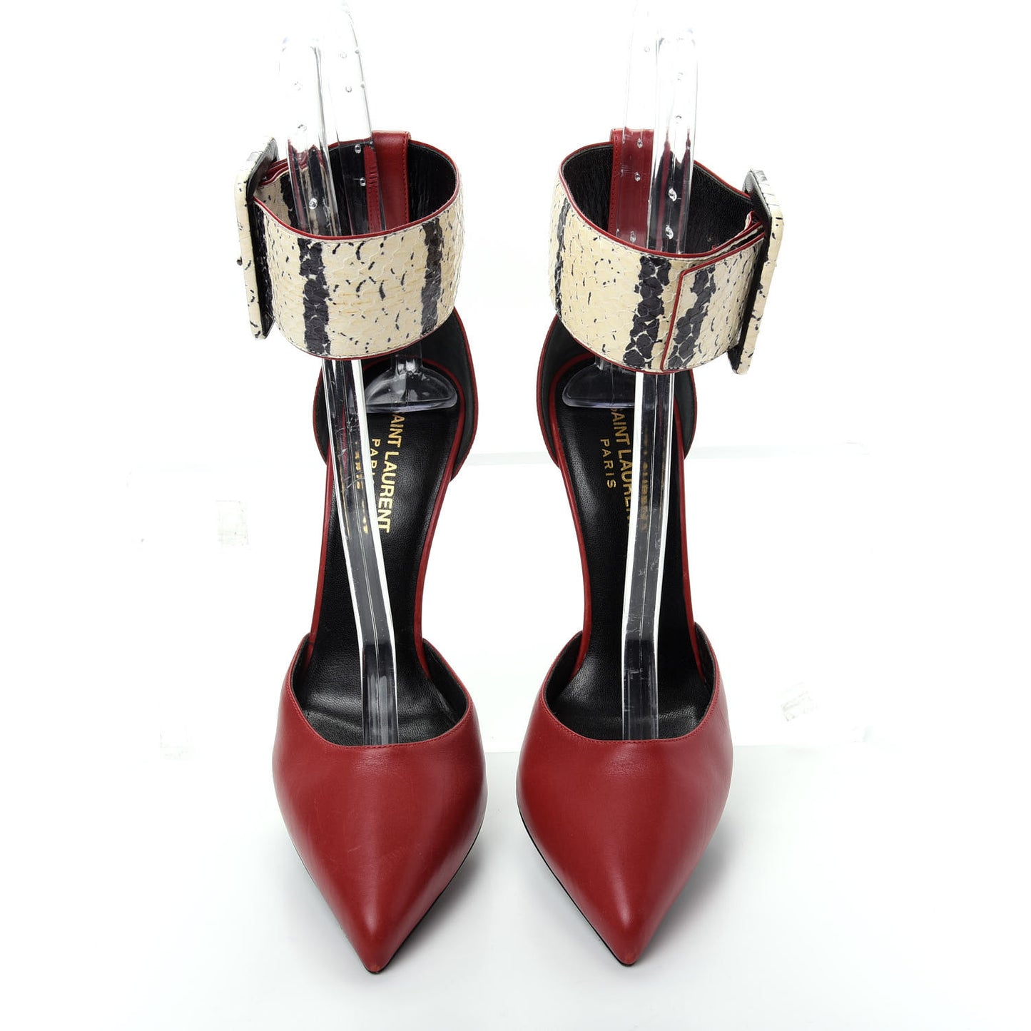 Calfskin Snakeskin Ankle Strap Pumps 38.5 Red Cream