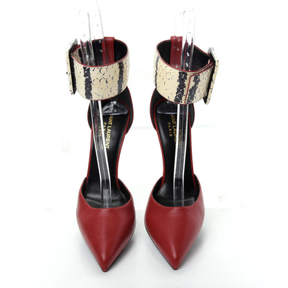 Saint Laurent Calfskin Snakeskin Ankle Strap Pumps 38.5 Red Cream 5 of 12