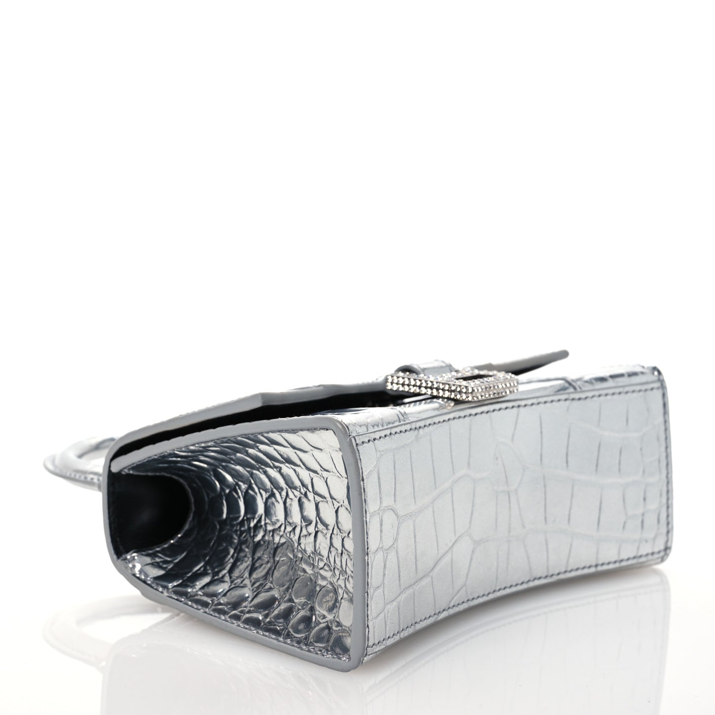 Metallic Calfskin Crocodile Embossed Crystal Hourglass Top Handle Bag XS Silver