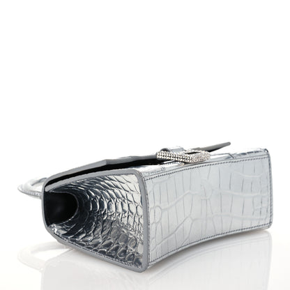 Balenciaga Metallic Calfskin Crocodile Embossed Crystal Hourglass Top Handle Bag XS Silver 4 of 14