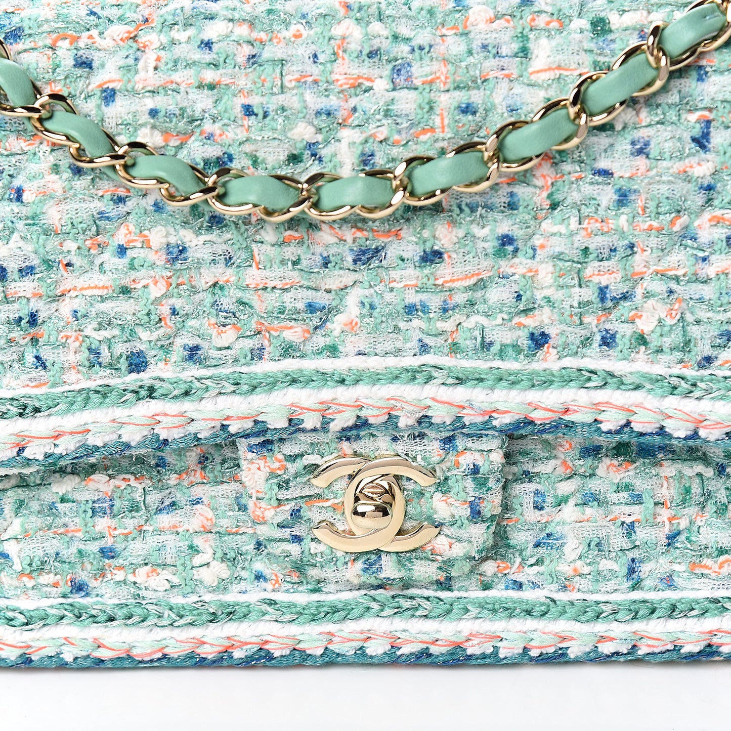 Tweed Quilted Medium Double Flap Green White Blue Orange