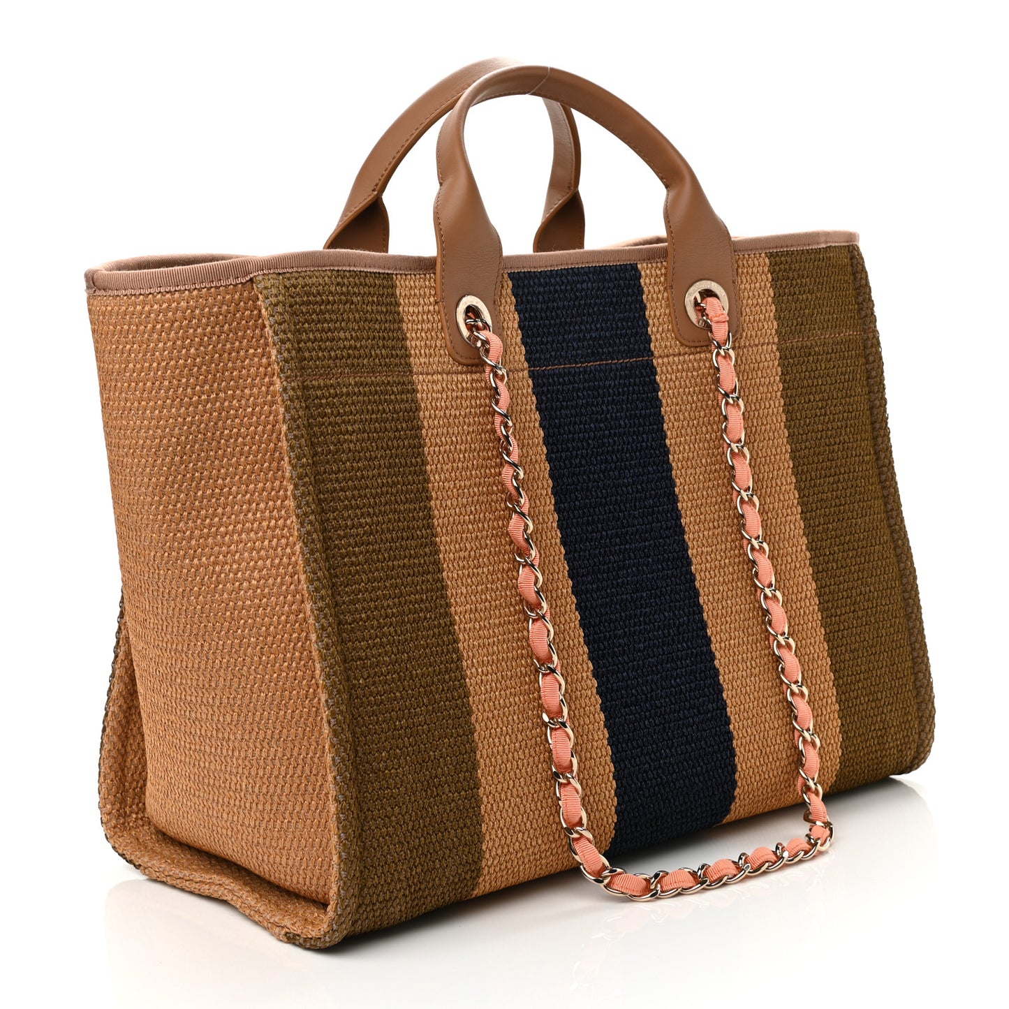 Straw Raffia Calfskin Striped Large Deauville Tote Khaki Beige Navy Blue