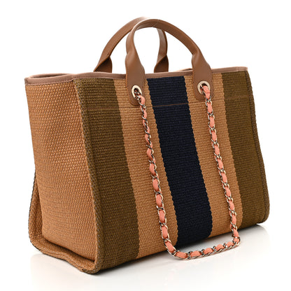 Chanel Straw Raffia Calfskin Striped Large Deauville Tote Khaki Beige Navy Blue 3 of 11