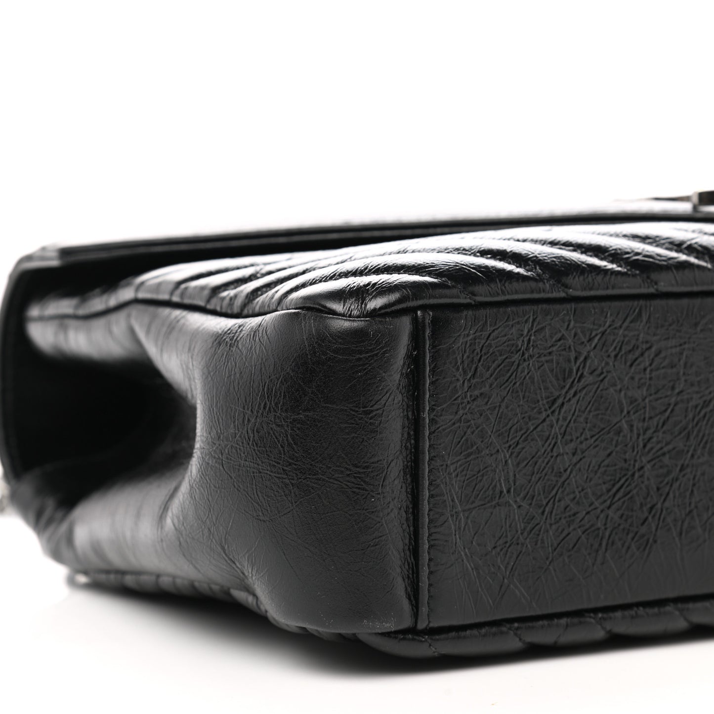 Cracked Shiny Calfskin Matelasse Chevron Monogram Large College Satchel Black