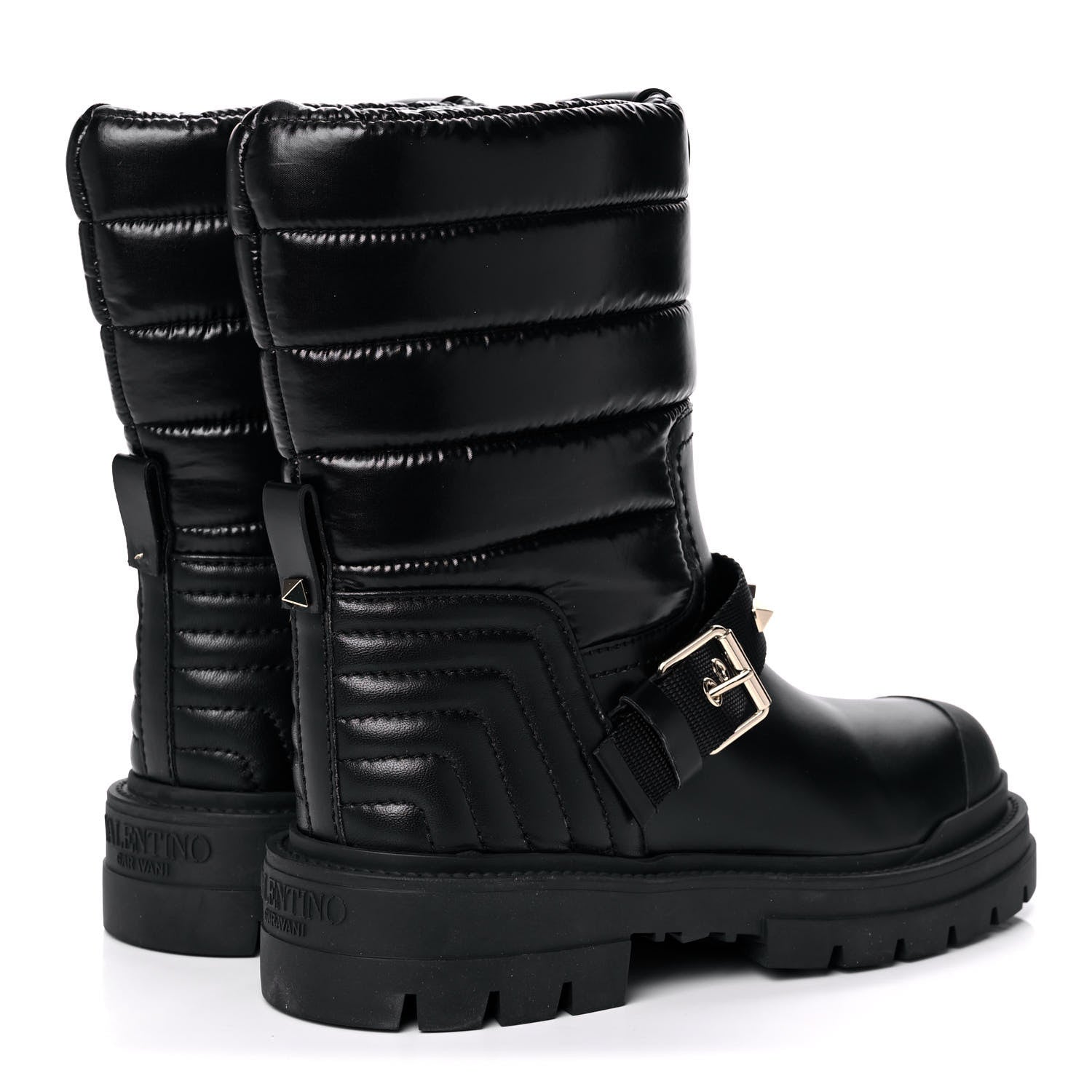 Valentino Garavani Calfskin Nylon Quilted Waterproof Rockstud 40mm Biker Boots 37.5 Black 4 of 11