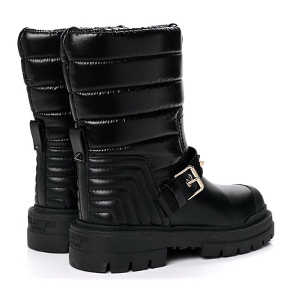 Valentino Garavani Calfskin Nylon Quilted Waterproof Rockstud 40mm Biker Boots 37.5 Black 4 of 11
