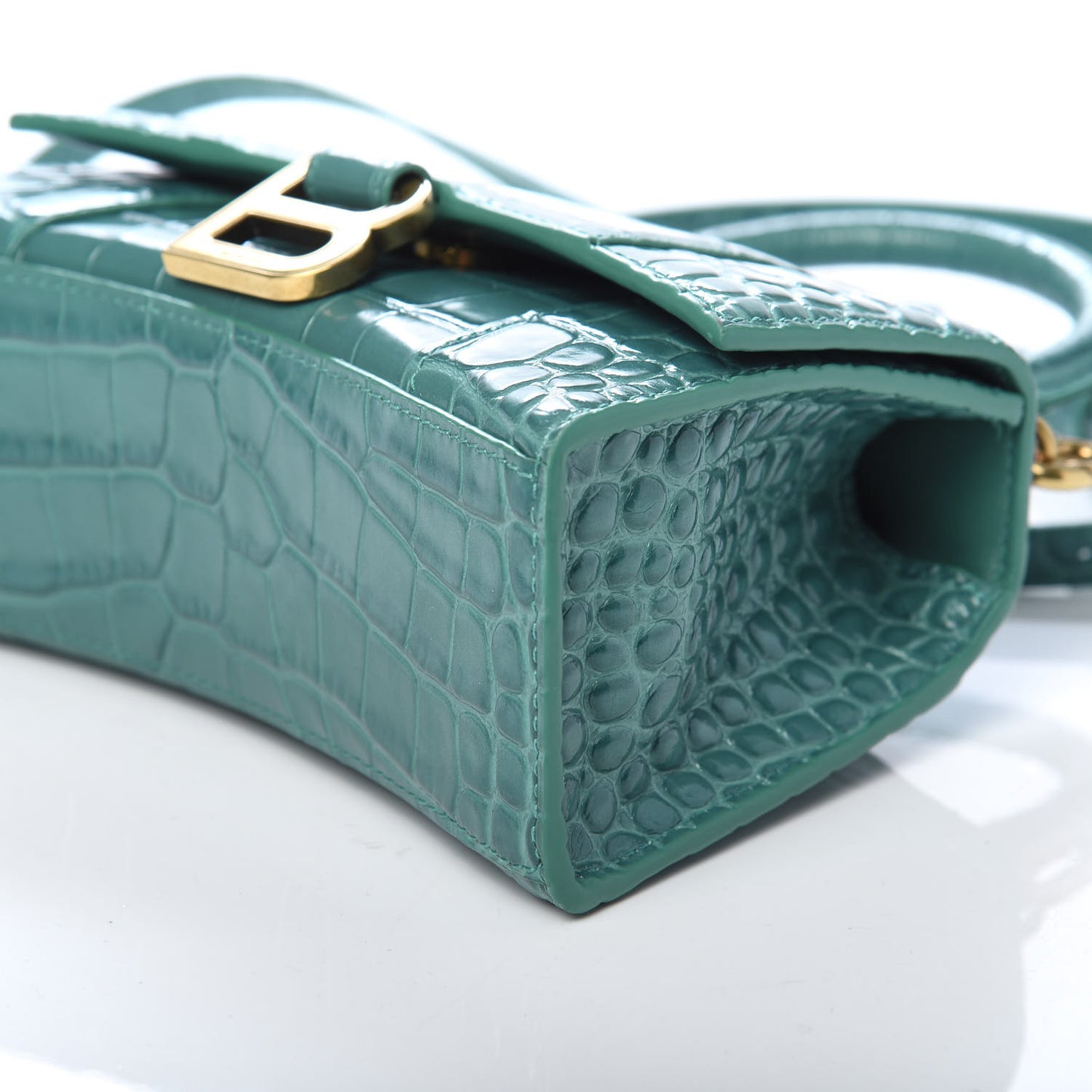 Shiny Calfskin Crocodile Embossed Hourglass Top Handle Bag XS Dark Turquoise