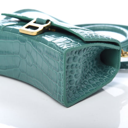 Balenciaga Shiny Calfskin Crocodile Embossed Hourglass Top Handle Bag XS Dark Turquoise 9 of 10