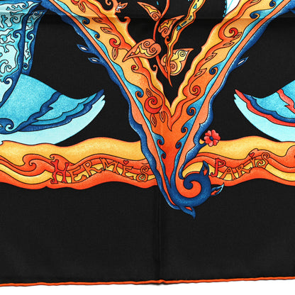 Hermes Silk De Tout Coeur Scarf 90 Black Orange Vif Turquoise 3 of 6