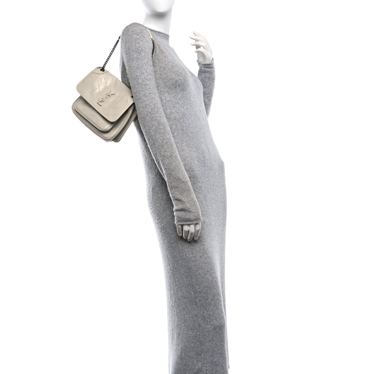 Saint Laurent Crinkled Calfskin Matelasse Monogram Baby Niki Chain Satchel Blanc Vintage 2 of 11