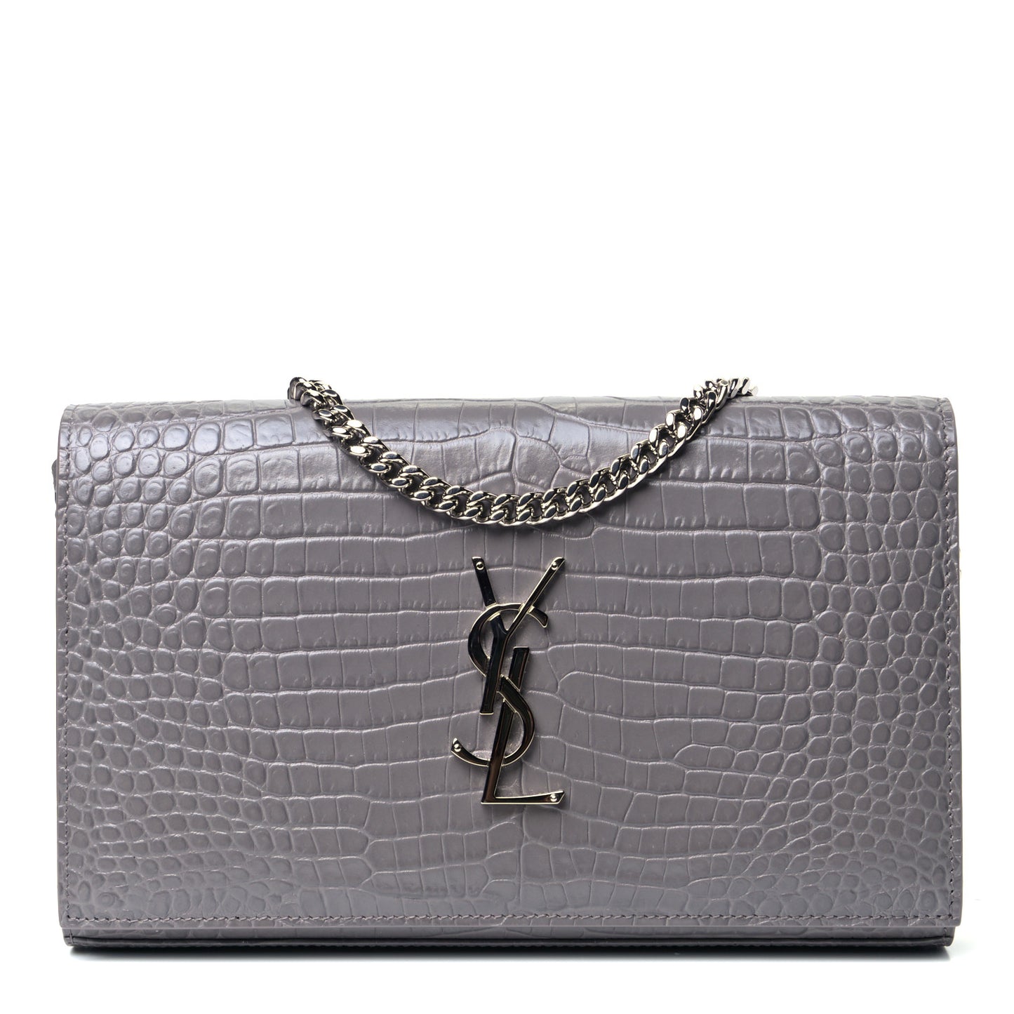 Calfskin Crocodile Embossed Monogram Chain Wallet Fog