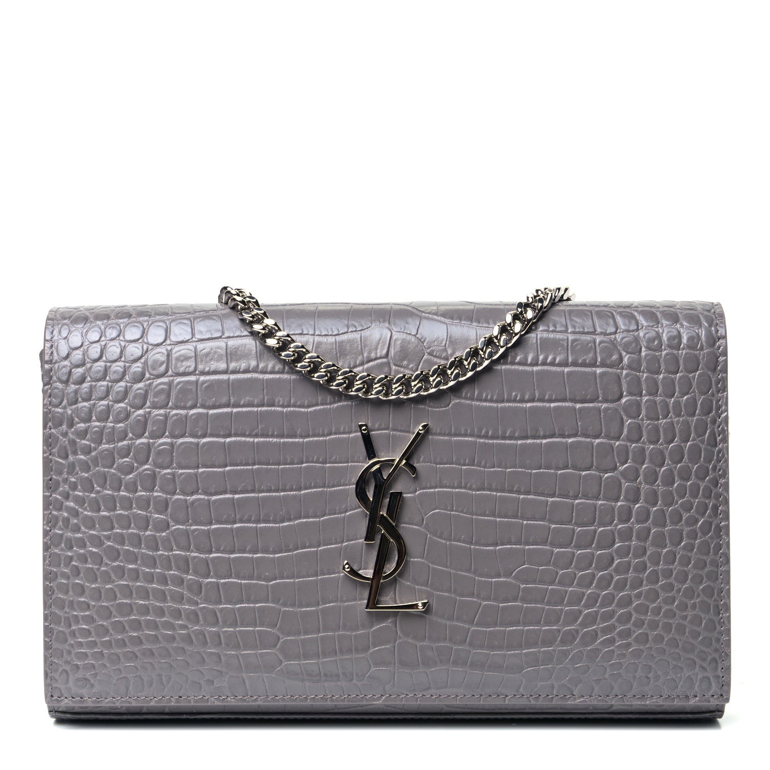 Saint Laurent Calfskin Crocodile Embossed Monogram Chain Wallet Fog 1 of 5