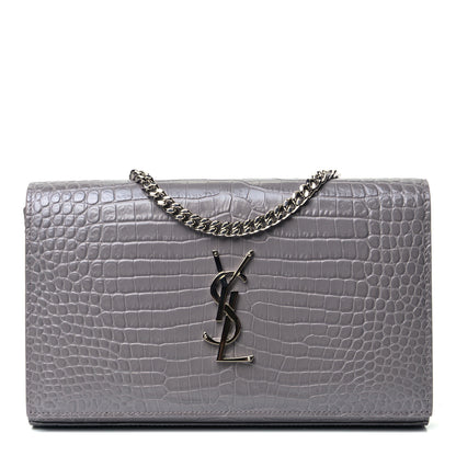 Saint Laurent Calfskin Crocodile Embossed Monogram Chain Wallet Fog 1 of 5