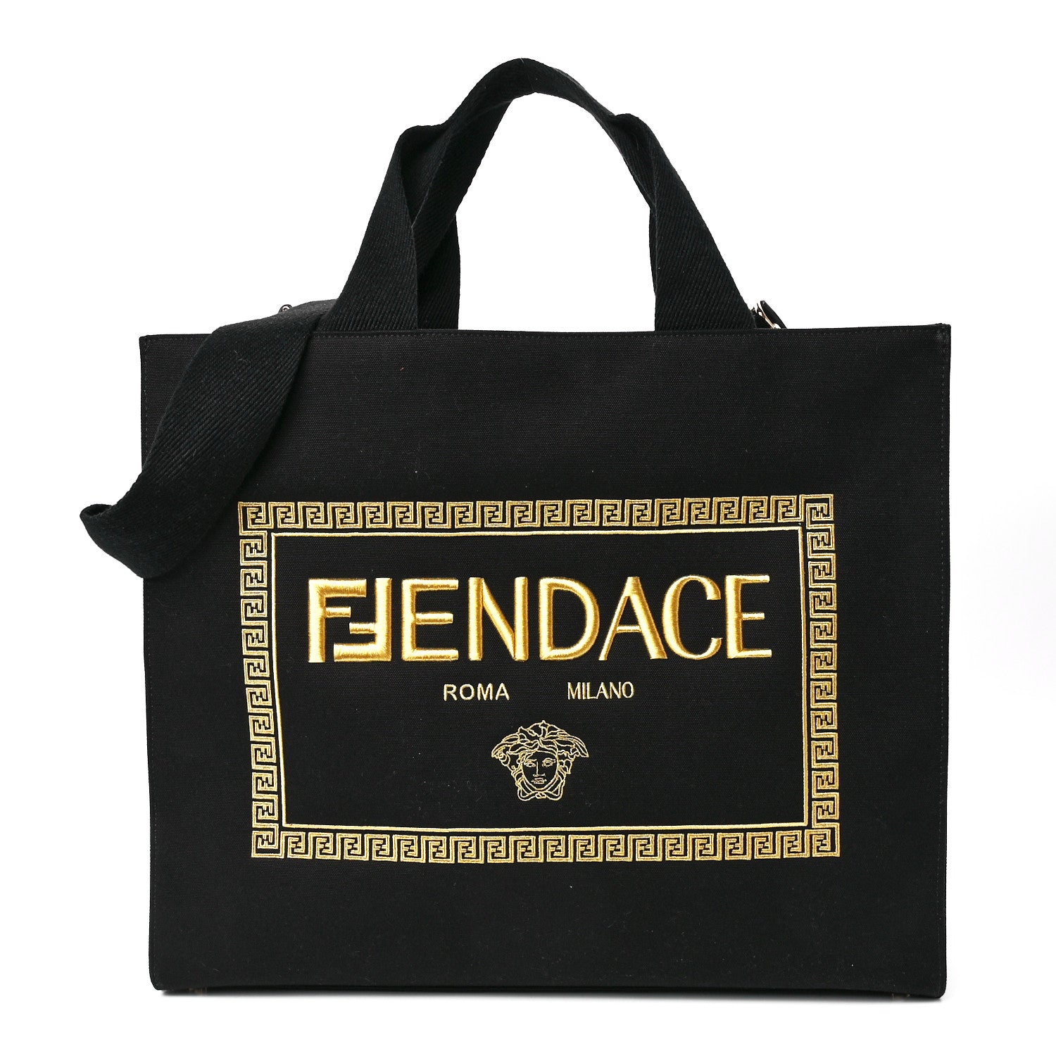 Fendi X VERSACE Canvas Fendace Logo Large Shopping Tote Black 1 of 12