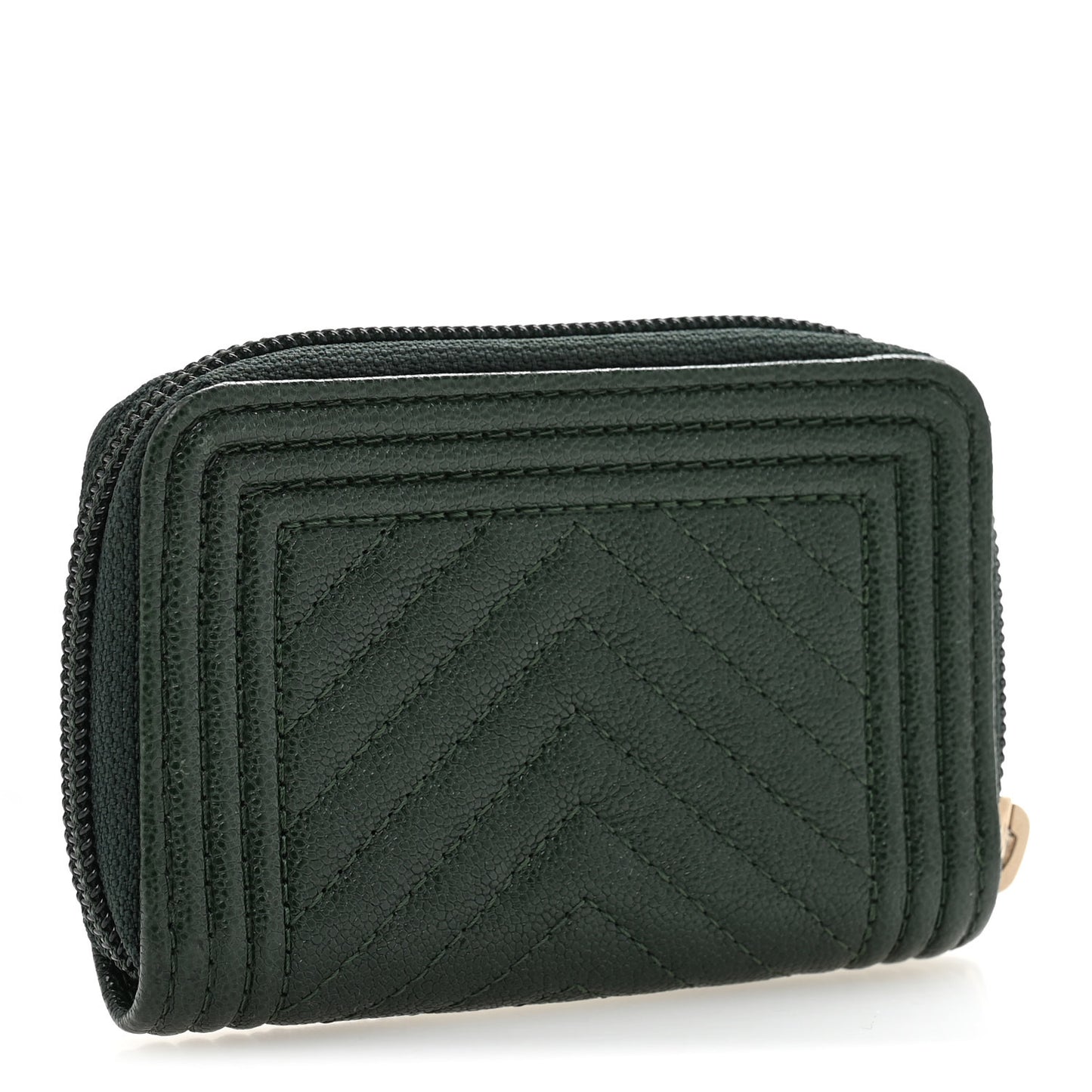 Caviar Chevron Quilted Boy Zip Around Coin Purse Wallet Dark Green