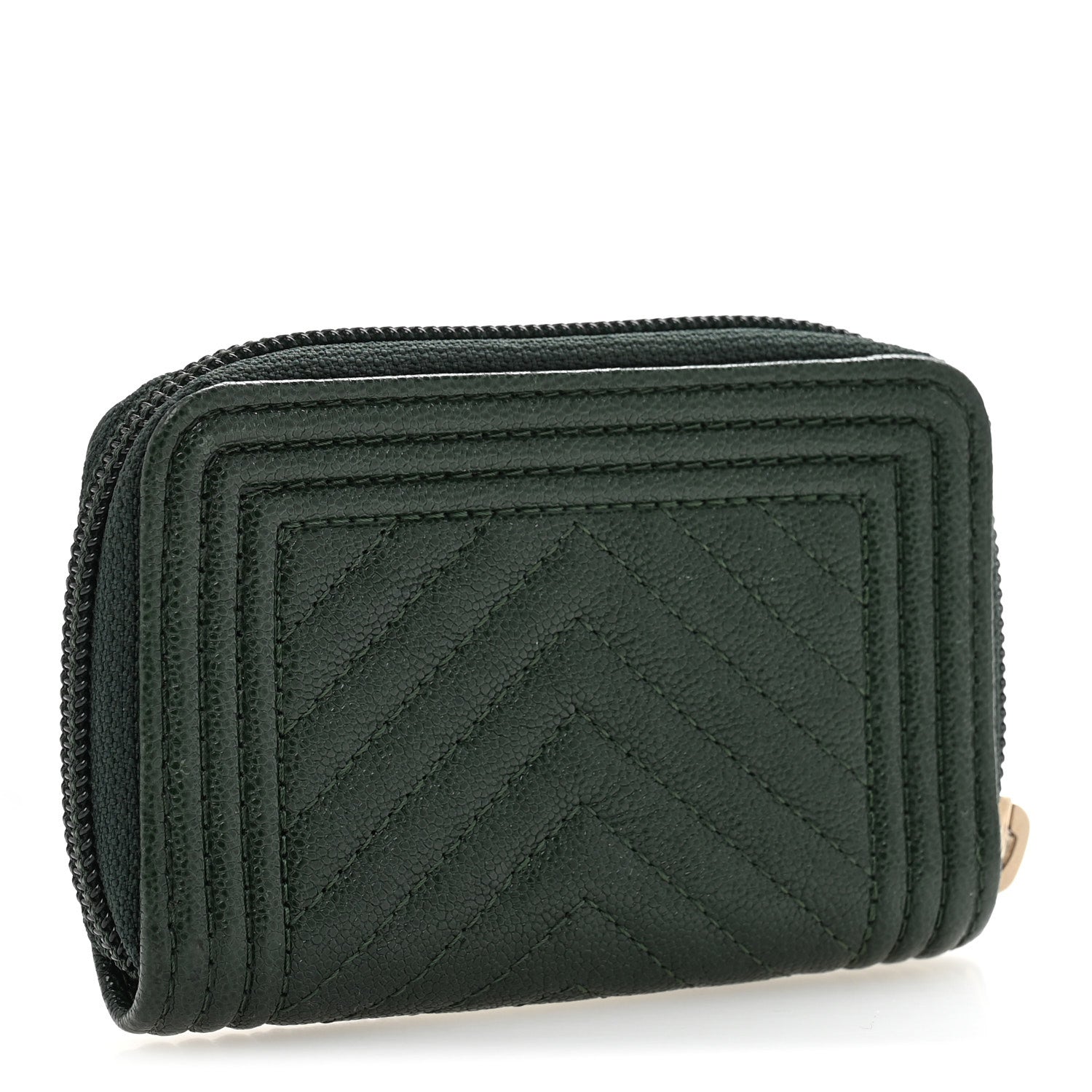 Chanel Caviar Chevron Quilted Boy Zip Around Coin Purse Wallet Dark Green 3 of 8