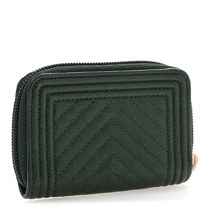 Chanel Caviar Chevron Quilted Boy Zip Around Coin Purse Wallet Dark Green 3 of 8