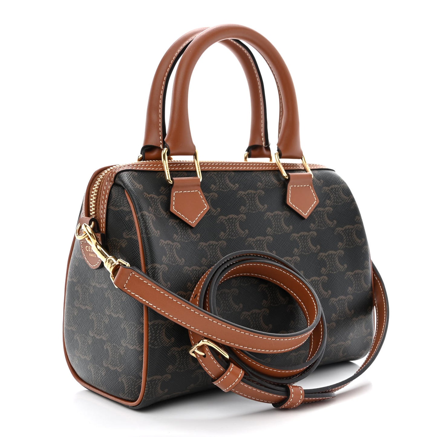 Triomphe Canvas Calfskin Small Boston Bag Tan