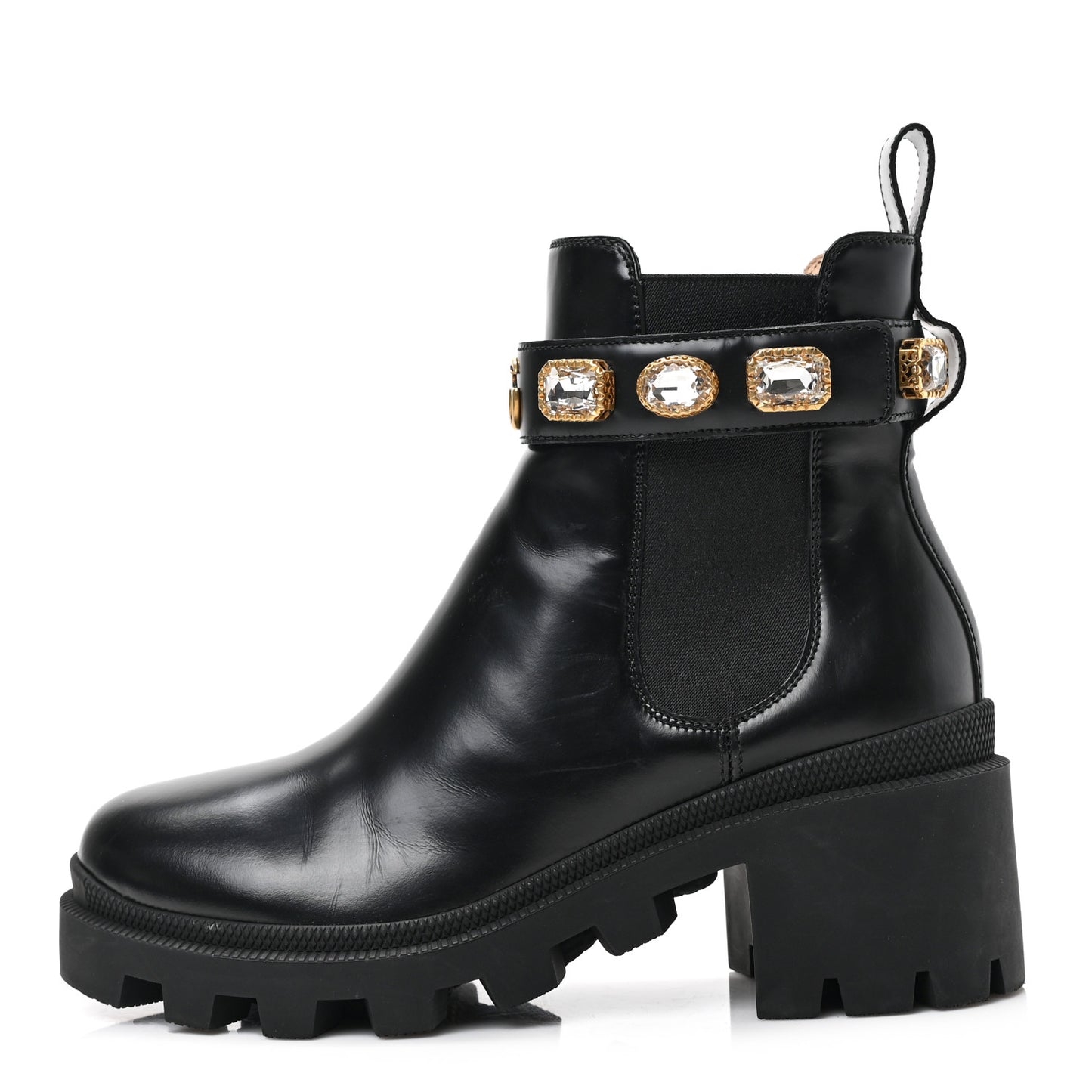 Calfskin Crystal GG Trip Chelsea Ankle Boots 36.5 Black