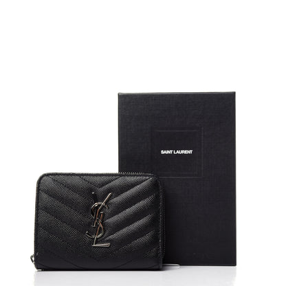 Saint Laurent Grain De Poudre Matelasse Chevron Monogram Compact Zip Around Wallet Black 10 of 10
