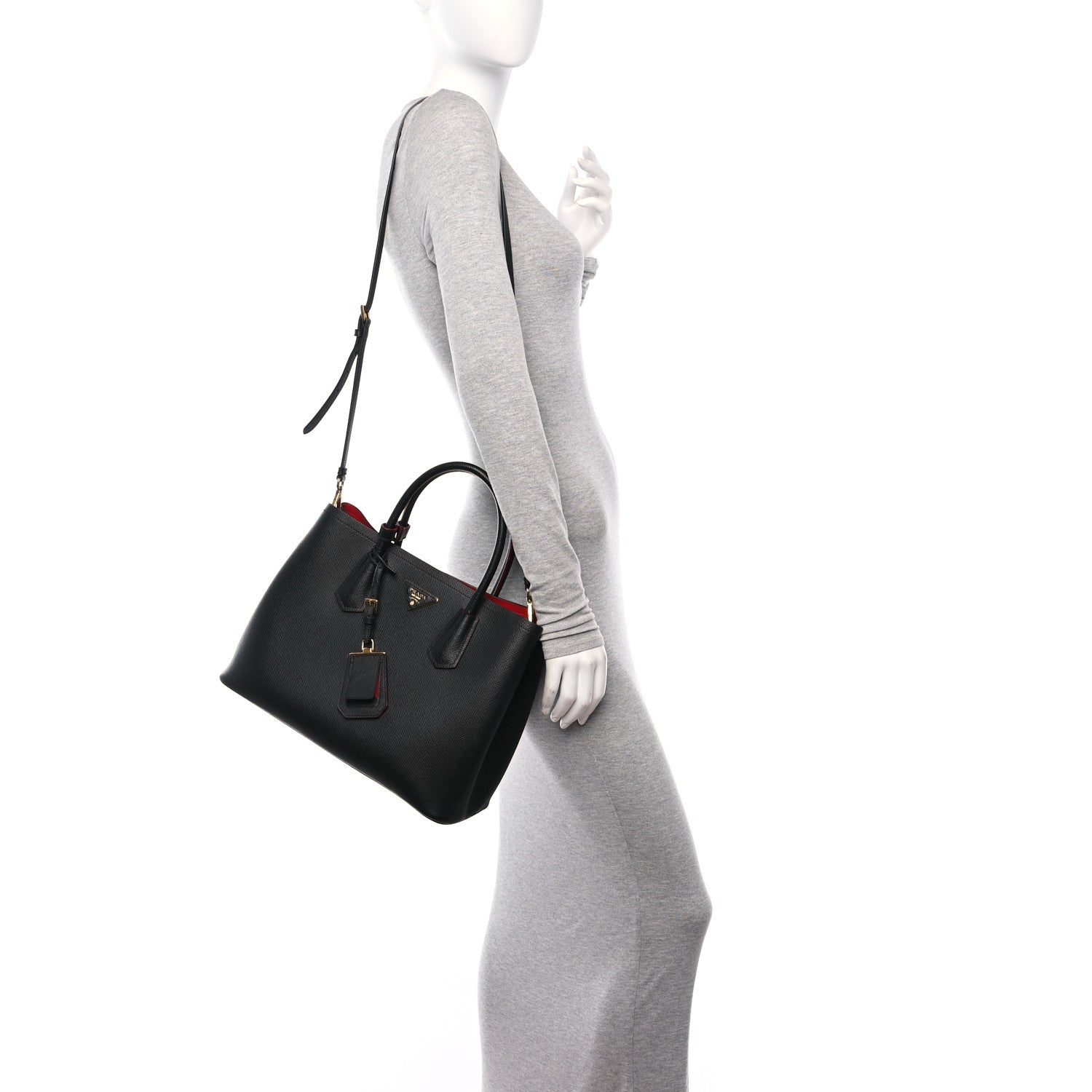 Prada Saffiano Cuir Medium Double Bag Black Fuoco 2 of 9