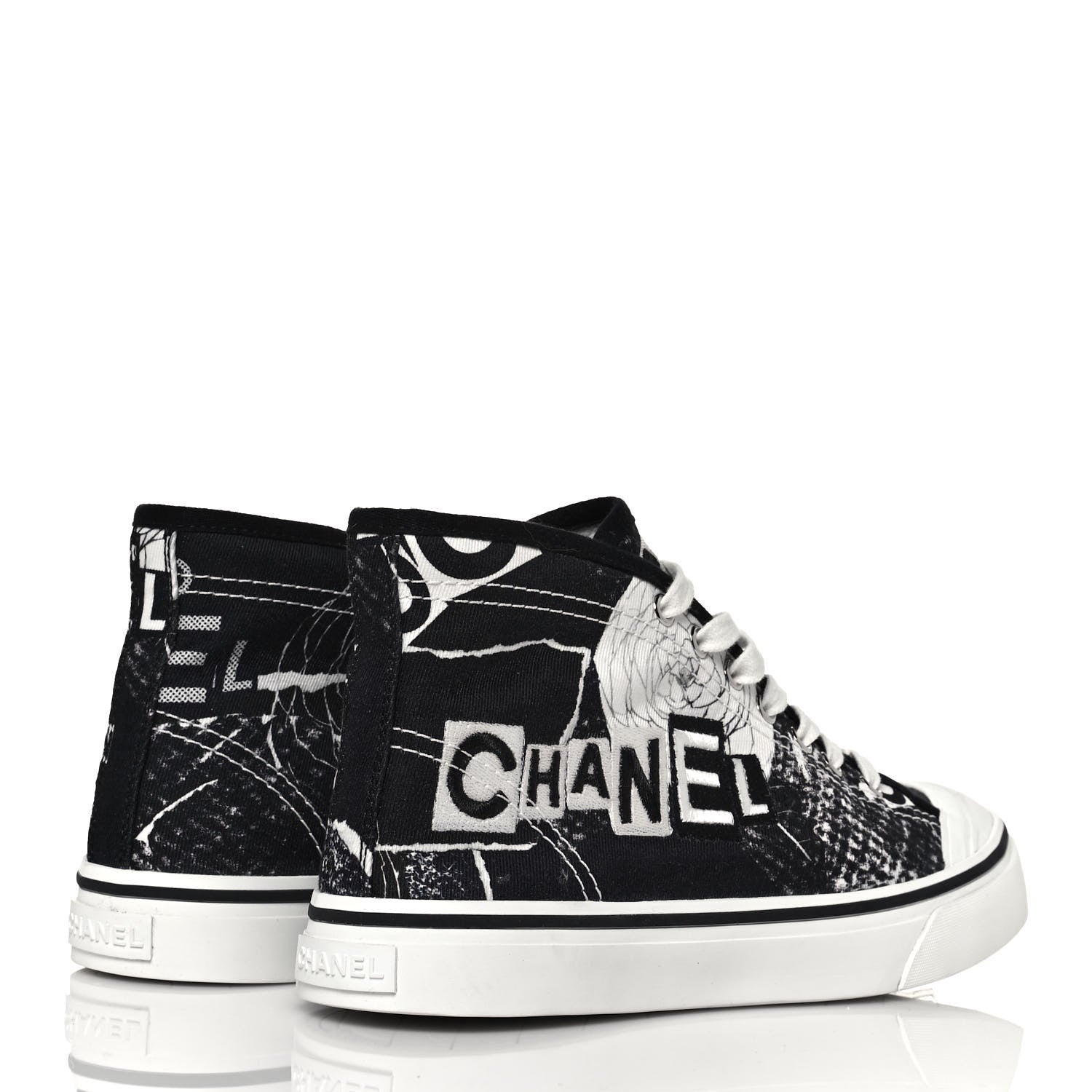 Chanel Printed Fabric High Top Logo Sneakers 39 White Black 4 of 7