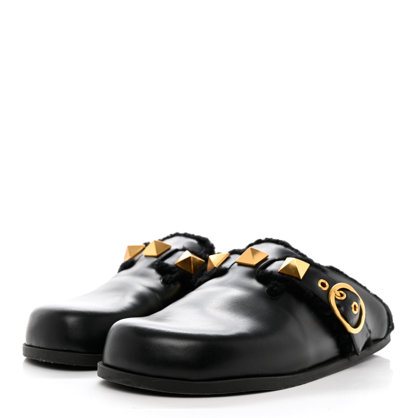 Calfskin Shearling Roman Stud River Slippers 40 Black