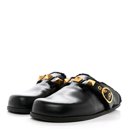 Valentino Garavani Calfskin Shearling Roman Stud River Slippers 40 Black 3 of 7