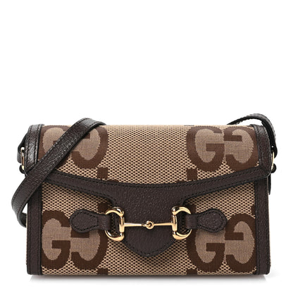 Gucci Monogram Jumbo GG Textured Dollar Calfskin Mini Horsebit 1955 Shoulder Bag Camel Ebony New Acero 1 of 11