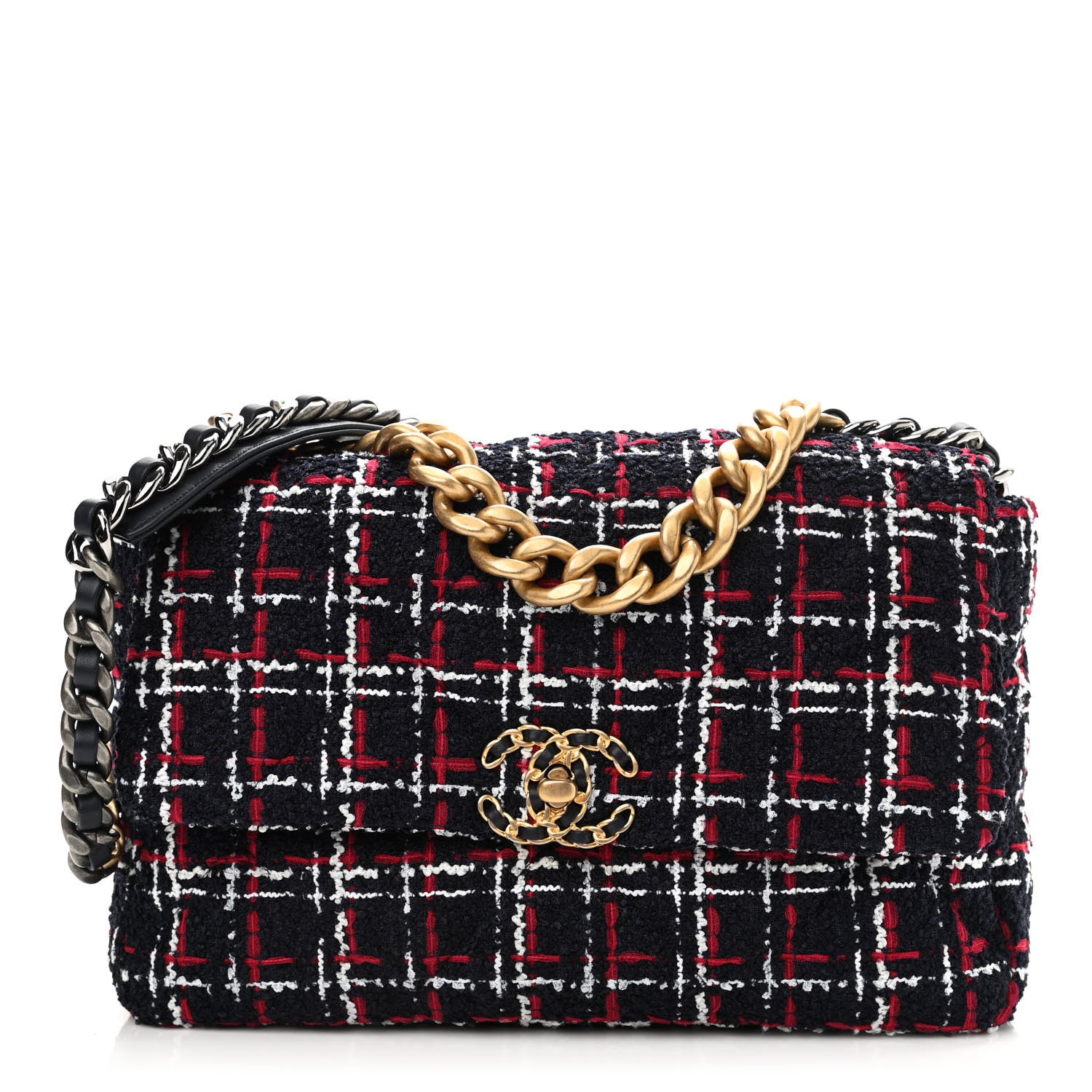 Chanel Tweed Quilted Large Chanel 19 Flap Navy Blue White Red 1 of 11