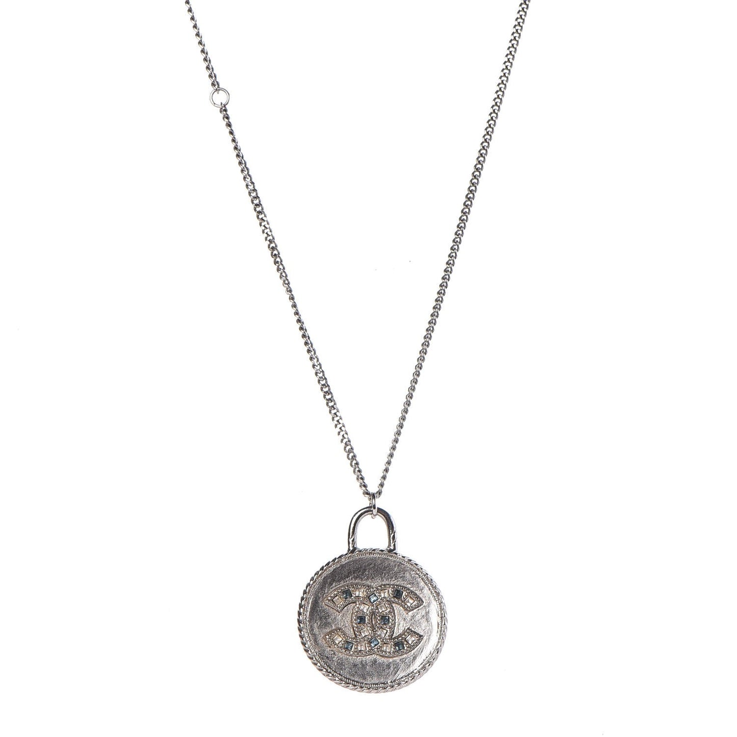 Crystal CC Medallion Necklace Silver Light Blue