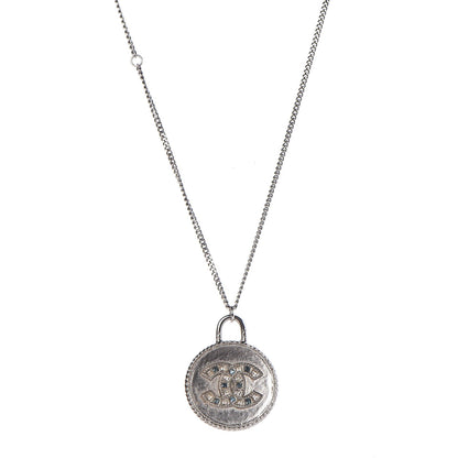 Chanel Crystal CC Medallion Necklace Silver Light Blue 1 of 7