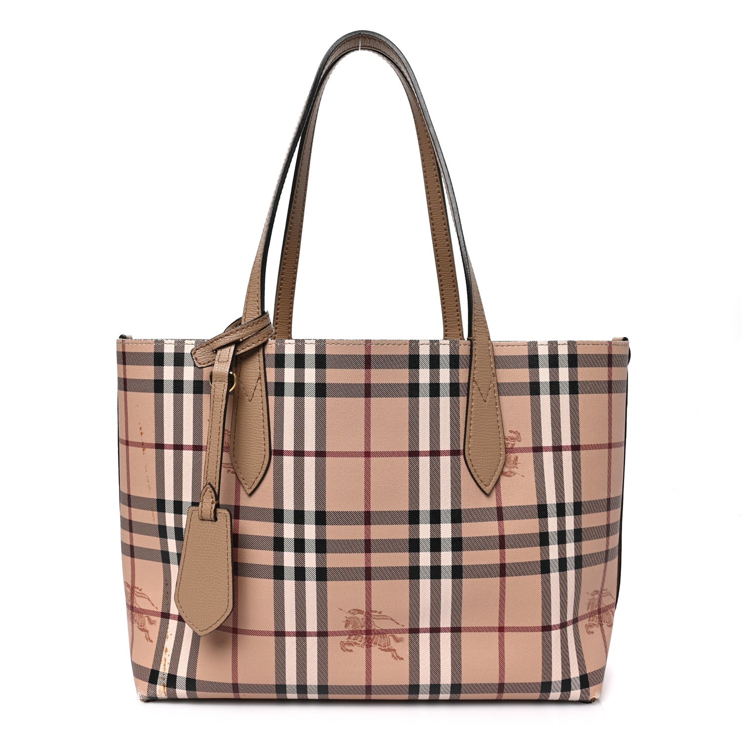 Grainy Calfskin Haymarket Check Small Reversible Tote Mid Camel