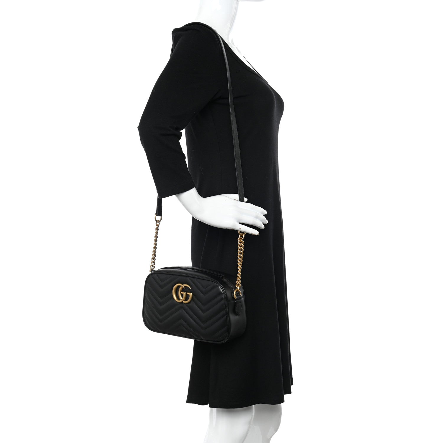 Gucci Calfskin Matelasse Small GG Marmont Chain Shoulder Bag Black 2 of 10