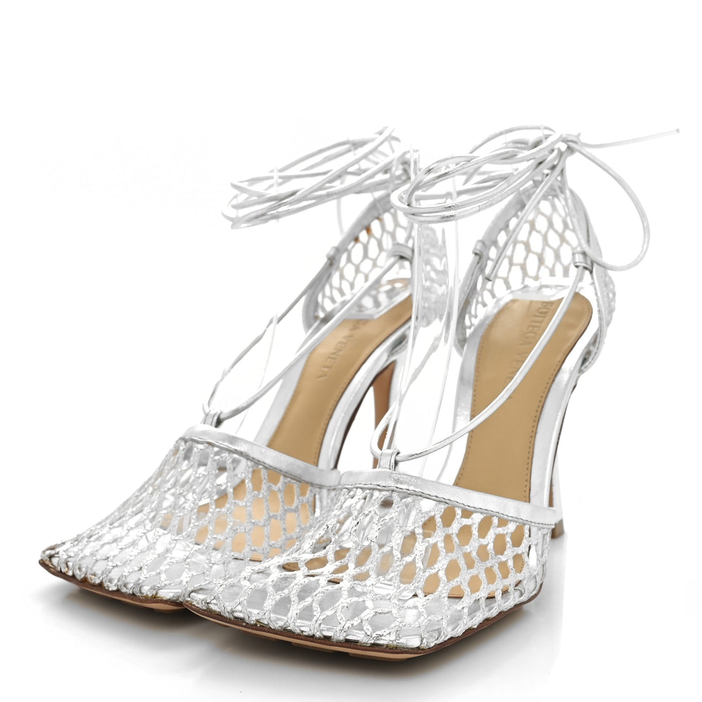 Mesh Metallic Nappa Stretch Ankle Tie Sandals 35 Silver