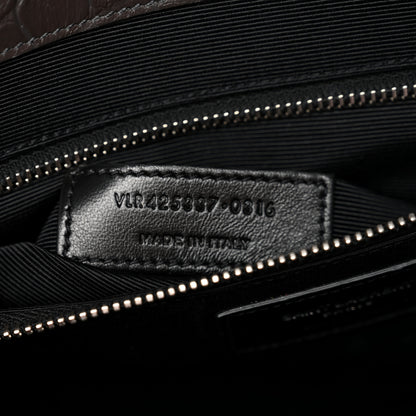 Saint Laurent Calfskin Crocodile Embossed Large Monogram Satchel Dark Brown 7 of 12