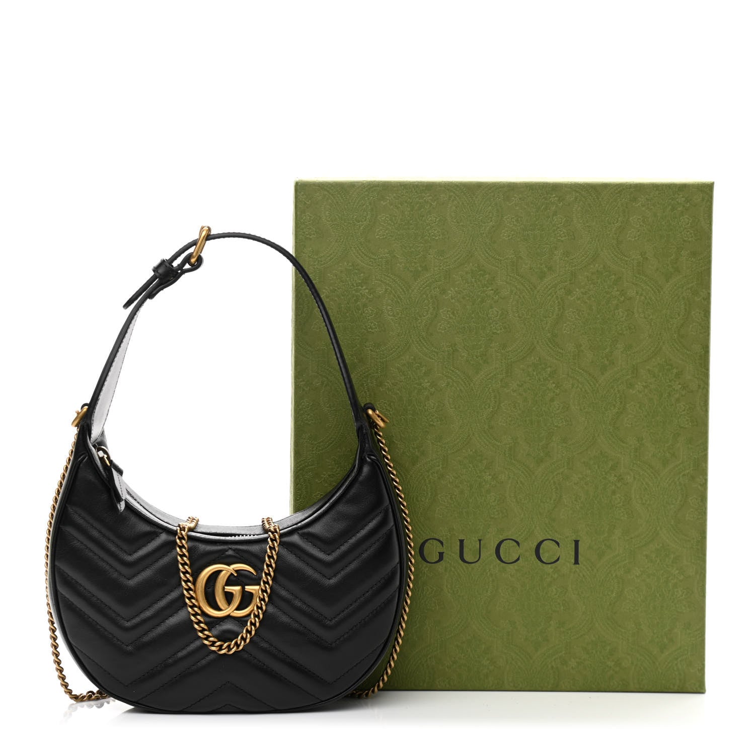 Gucci Calfskin Matelasse Chevron Mini GG Marmont Half Moon Hobo Black 10 of 10