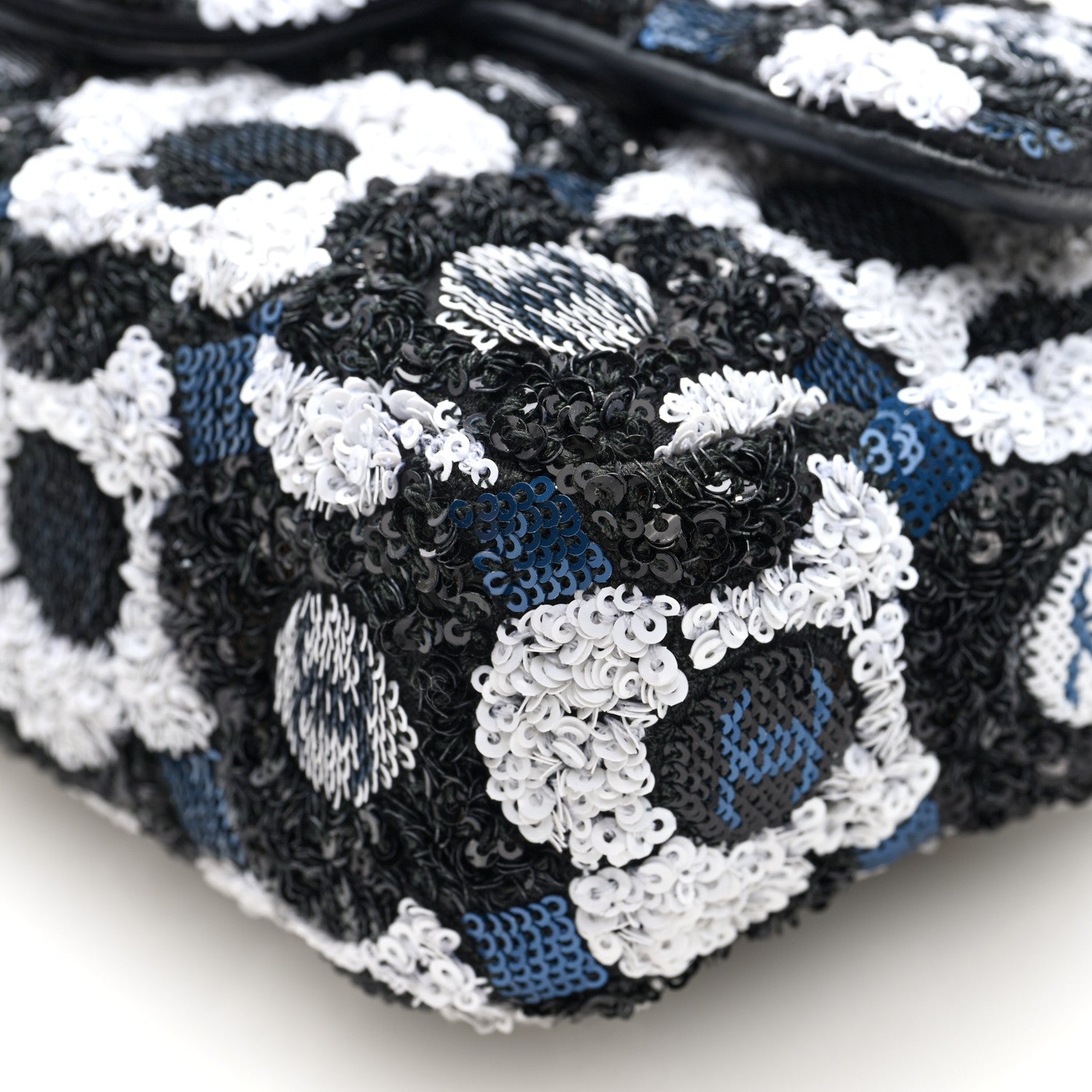 Chanel Satin Sequin Embellished Flower Mini Rectangular Flap Black White Blue 10 of 10