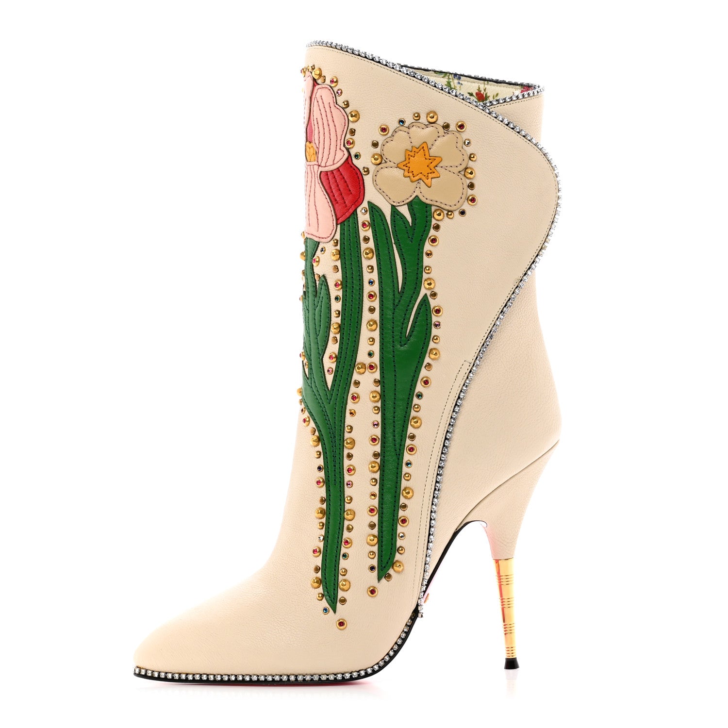 Gucci Calfskin Floral Crystal Embroidered Fosca Boots 38 Mystic White 1 of 10